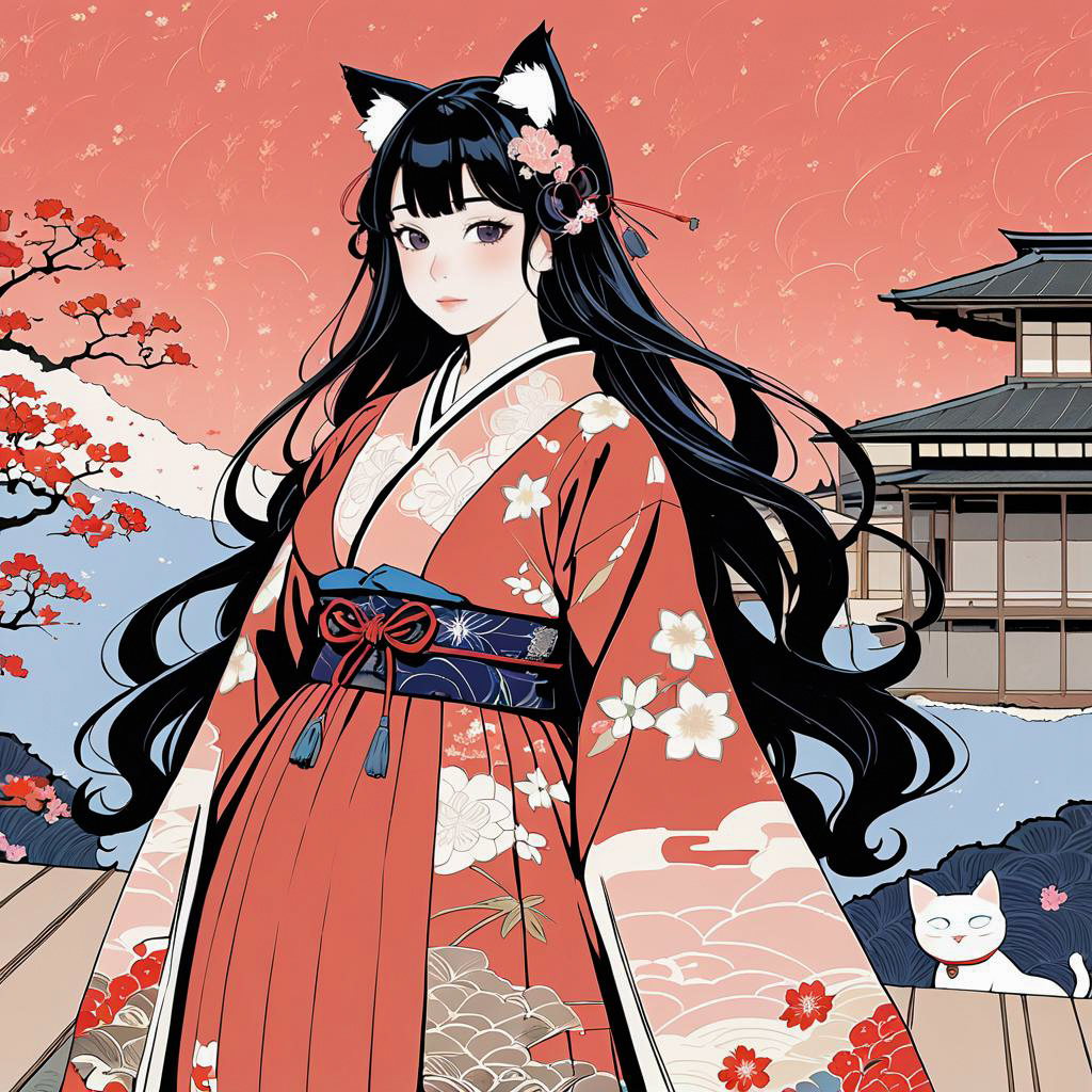 Shy Catgirl in Chic Ukiyo-e Style