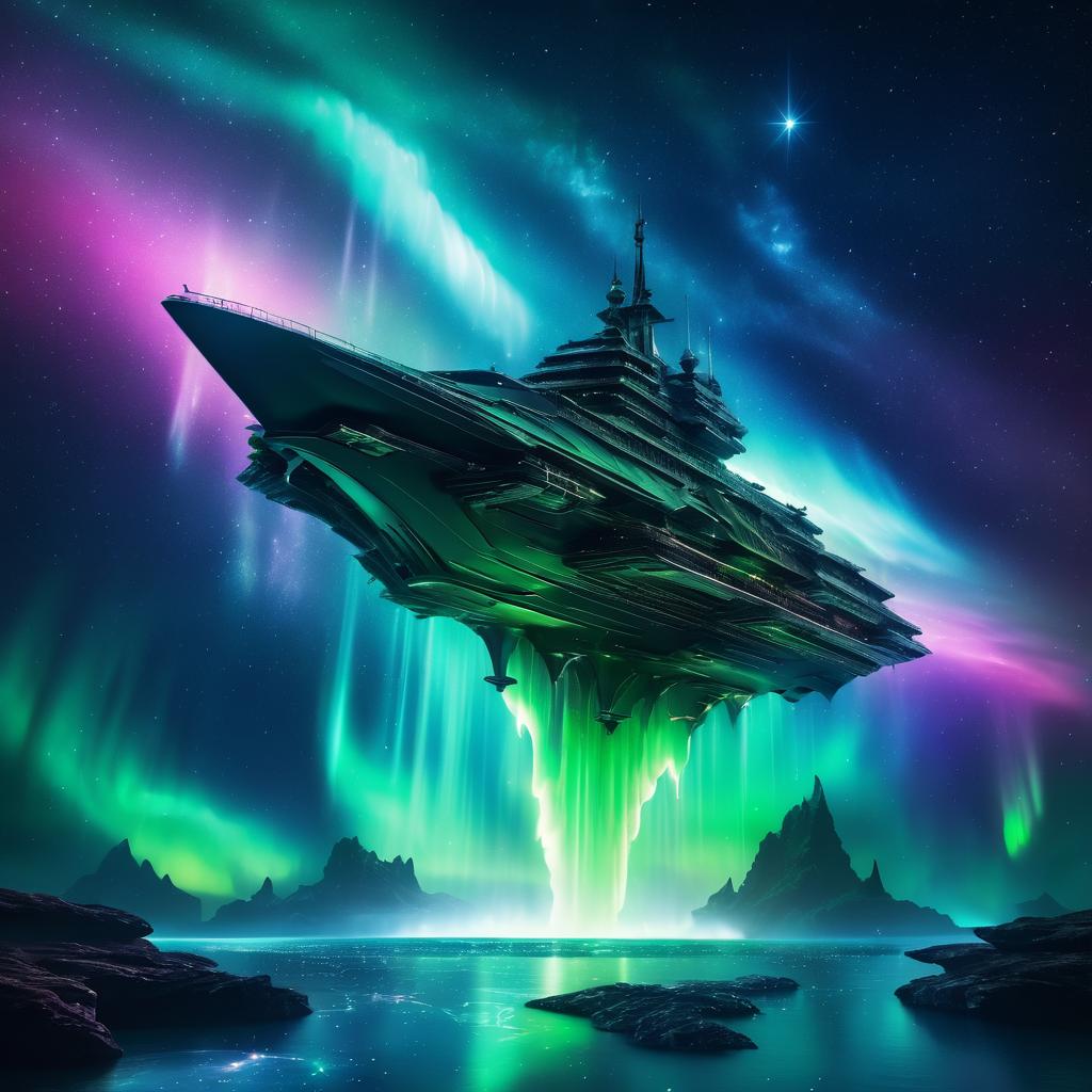 Alien Warship Under Starry Aurora