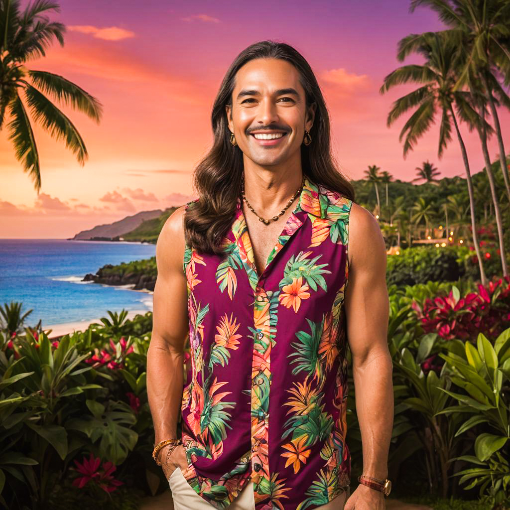 Cheerful Tourists in Hawaiian Luau Attire