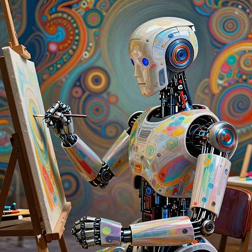 Photograph of a colorful, robotic humanoid painting on an easel in a vibrant, swirling abstract background. Robot's arms and torso display multicolored