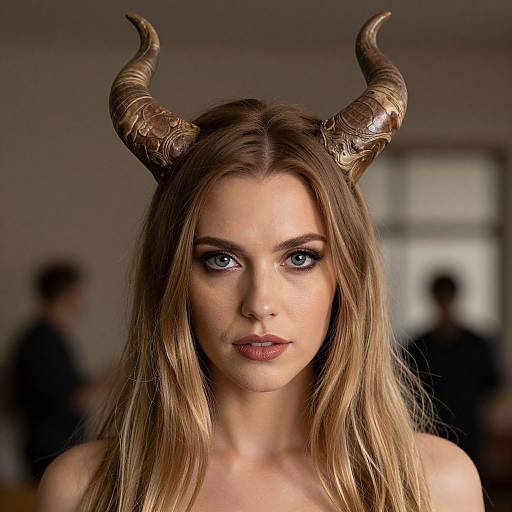 Photograph of a fair-skinned woman with long blonde hair, blue eyes, and bronze, textured dragon horns, staring intensely forward in a blurred indoor