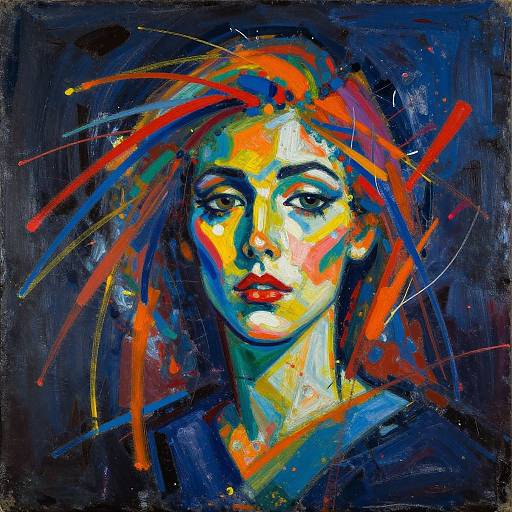 Vibrant abstract painting of a woman with colorful, streaked hair and intense gaze, set against a dark, textured background.