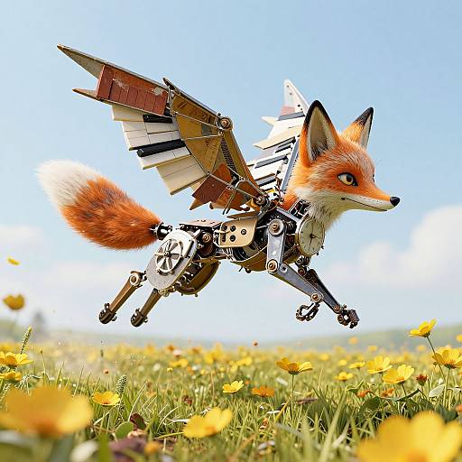 Photograph of a robotic fox with orange fur, mechanical wings, and gears, mid-leap in a bright blue sky over a field of yellow flowers