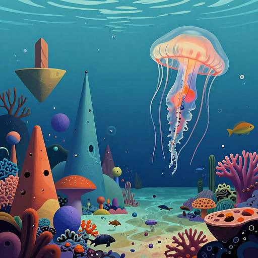 Vibrant underwater scene: colorful coral, jellyfish, floating islands, and fish in a bright blue ocean with light rays filtering through.
