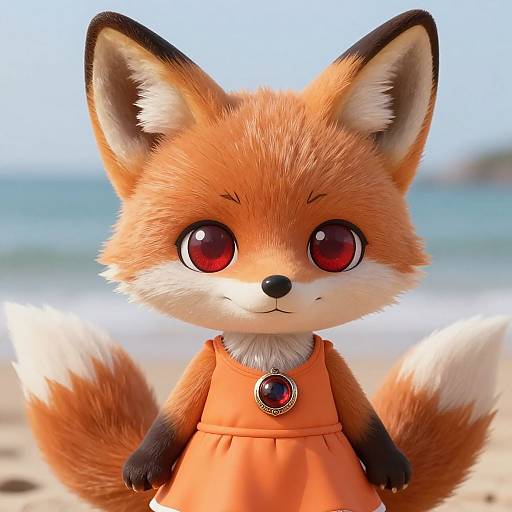 Cute, digital CGI image of a chibi-style, anthropomorphic fox with large red eyes, orange fur, wearing an orange dress with a gem