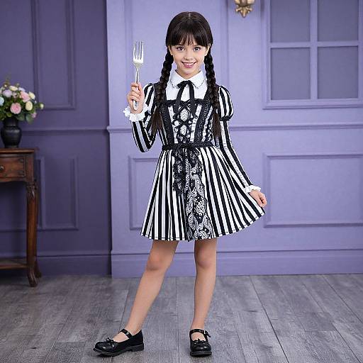 Photograph of a young girl with black braids, wearing a black and white striped dress with floral patterns, holding a fork, smiling, standing in