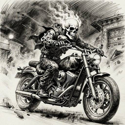 Black-and-white ink drawing of two skull-headed riders on a roaring motorcycle, flames from their heads, dynamic urban background.