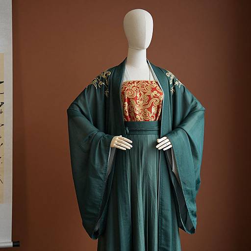 Photograph of a faceless mannequin wearing a teal kimono with ornate gold embroidery, over a red and gold patterned top, against