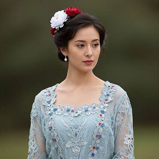 Photograph of an Asian woman with fair skin, dark hair in an updo with red and white flowers, wearing a delicate light blue lace dress with