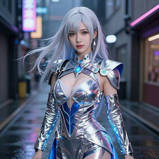 Photorealistic CGI of an anime-style woman with silver hair, wearing reflective silver armor with blue accents, standing in a rain-soaked neon-lit