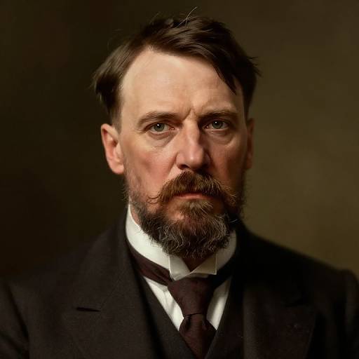 Photograph of a serious, middle-aged man with fair skin, dark brown beard, brown hair, and blue eyes, wearing a black suit and tie