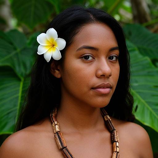 Photograph of a young Black woman with dark skin, long black hair, and a white plumeria flower in her hair, wearing a wooden bead