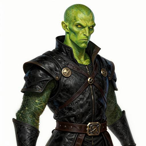 Digital illustration of a muscular, green-skinned male superhero with bald head, wearing black leather armor with metal buckles and straps, white background.