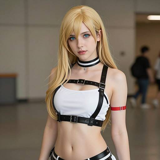 Digital artwork of a blonde woman with blue eyes, wearing a black-and-white harness, red armband, and choker, in a blurry indoor
