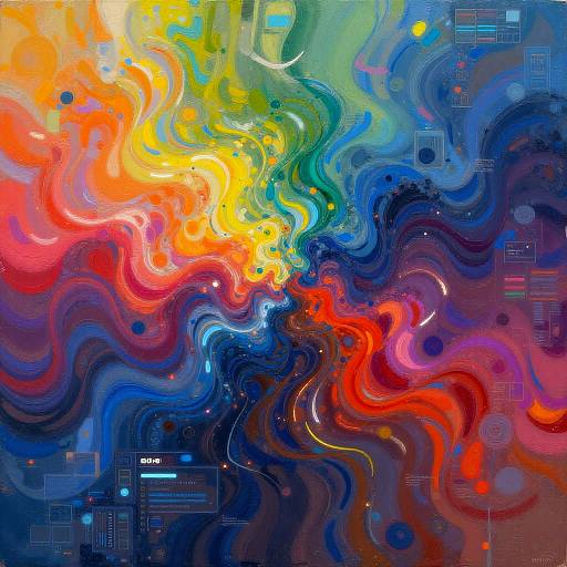 Abstract digital painting with vibrant, swirling waves of red, orange, yellow, blue, and green. Bright, colorful patterns blend with tech-like geometric shapes