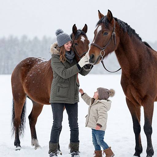 Photograph of a woman and child in winter clothes, petting two brown horses in snowy landscape, with white background.