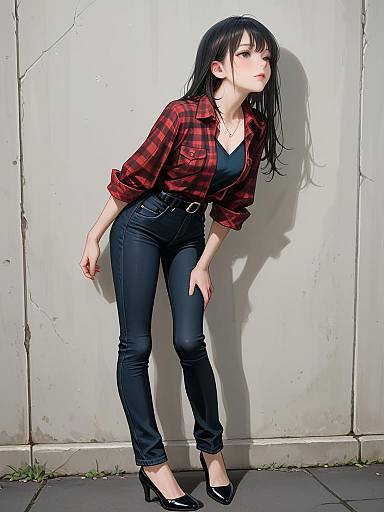 Casual Red Plaid Woman Full Body