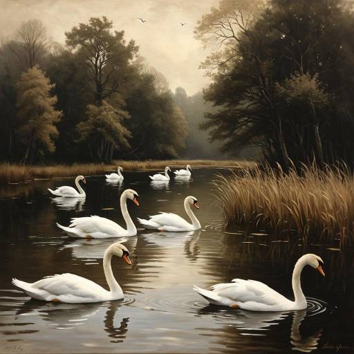 Majestic Swans in Tonalist Oil Painting