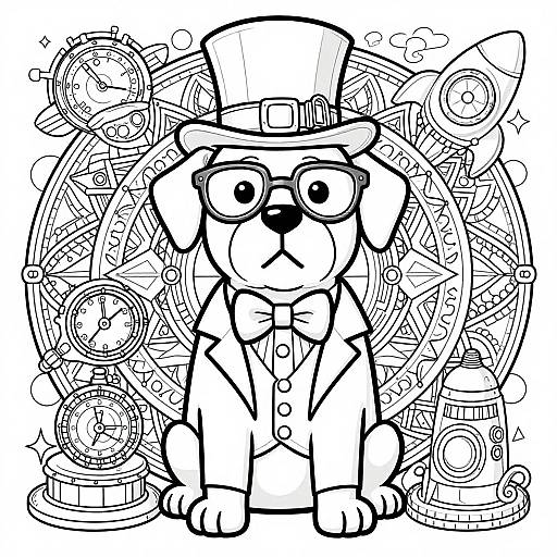 Black-and-white digital drawing of a dog in a bow tie and top hat, surrounded by intricate steampunk machinery, wearing glasses.