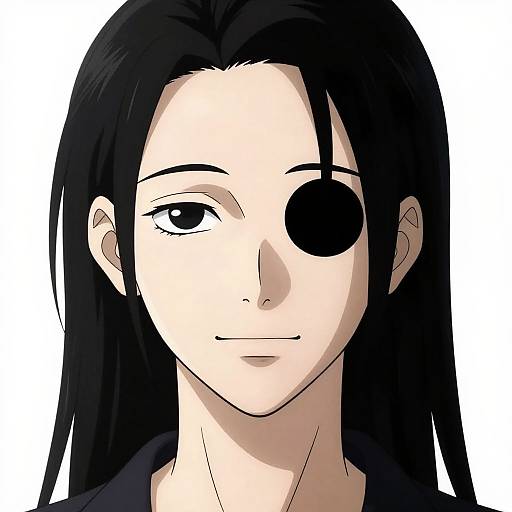Digital anime-style portrait of a pale-skinned woman with long black hair, black eyepatch over right eye, and subtle smile, set against a