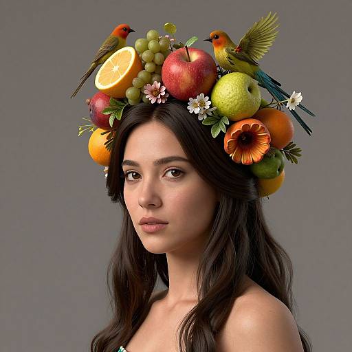 Photograph of a young woman with long, dark hair, wearing a vibrant fruit and bird crown, featuring apples, grapes, birds, and flowers,