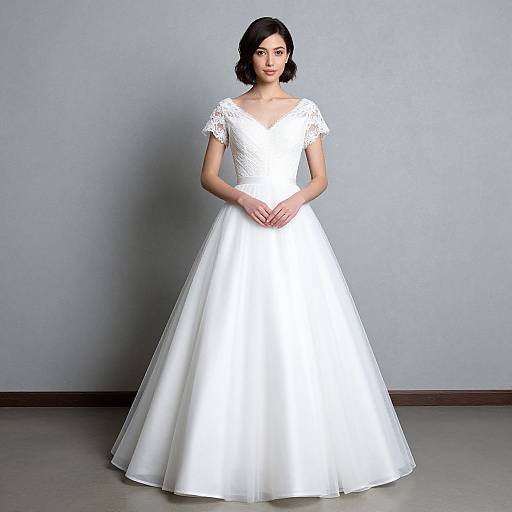 Photograph of a slender woman with fair skin and dark hair, wearing a white lace-trimmed, V-neck, full-length wedding gown, standing