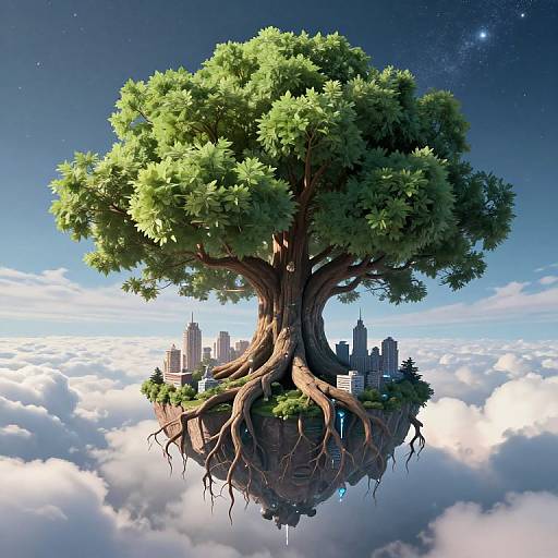Fantastical CGI image of a giant, leafy tree with a floating city at its base, surrounded by clouds and stars.