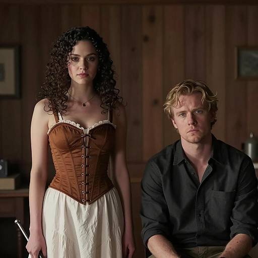 Woman in Corset Dress and Man in Dark Shirt in Wooden Room