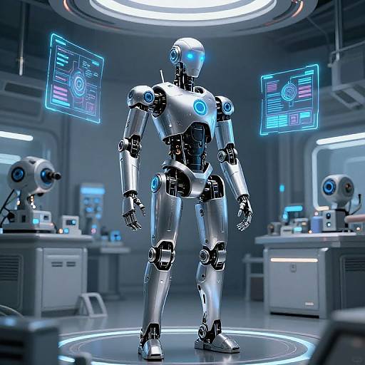 Photorealistic CGI of a silver humanoid robot with glowing blue eyes, standing in a futuristic lab with holographic screens.