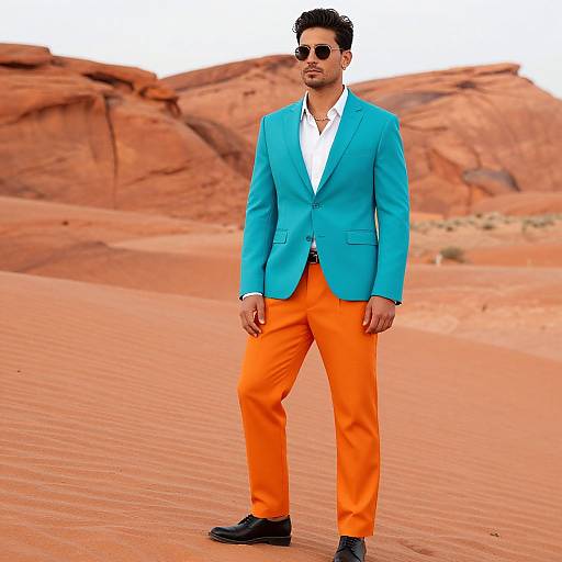Photograph of a man with short black hair, wearing sunglasses, a turquoise blazer, white shirt, and bright orange pants, standing in a desert