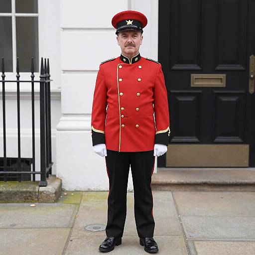 Man in Red Ceremonial Uniform Standing Outdoors
