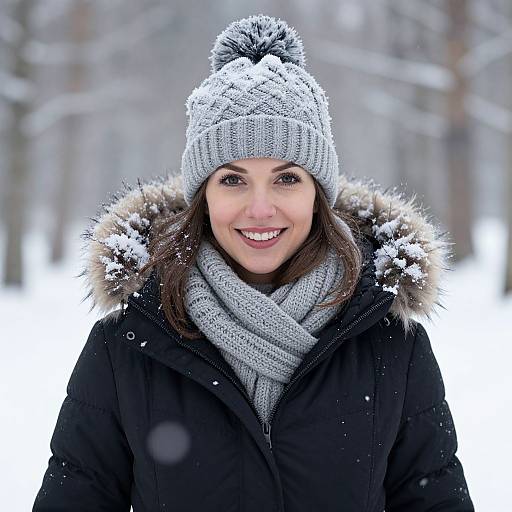 Photograph of a smiling woman in a black winter coat, gray knit hat, and scarf, standing in a snowy forest.