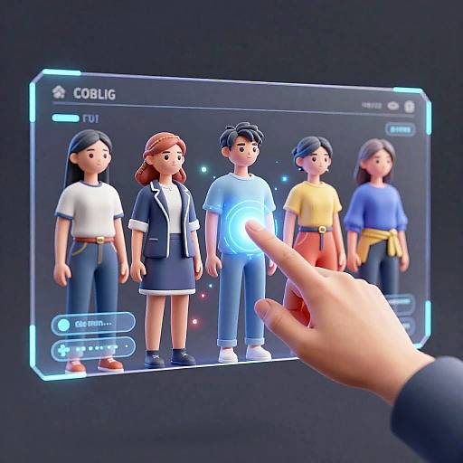 CGI image of a digital interface showing five cartoon-style characters in modern clothes, with a hand selecting one using a glowing finger gesture.