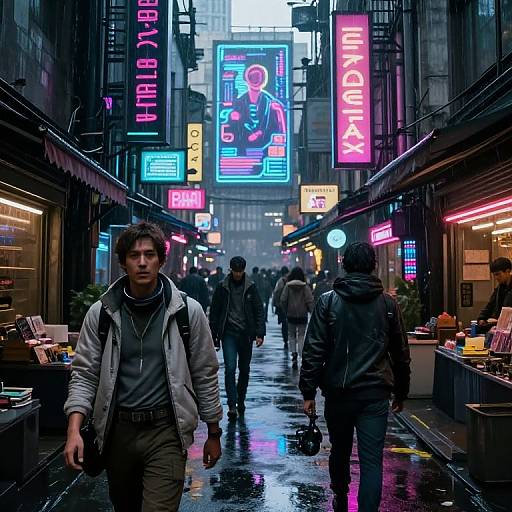 Neon-lit, rainy urban alleyway at night, crowded with people in casual clothes, vibrant neon signs, and illuminated storefronts. Photo.