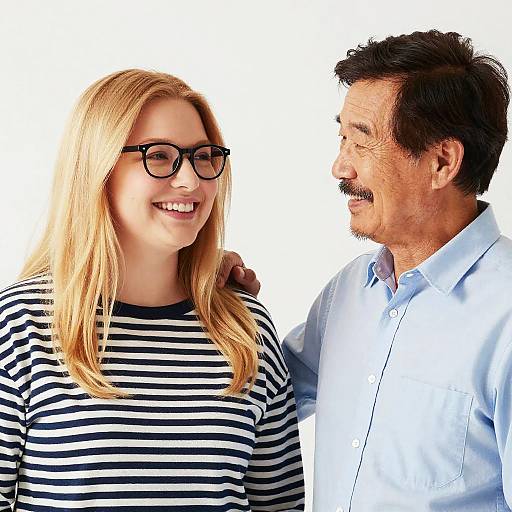 Realistic mixed-age duo in striped shirts