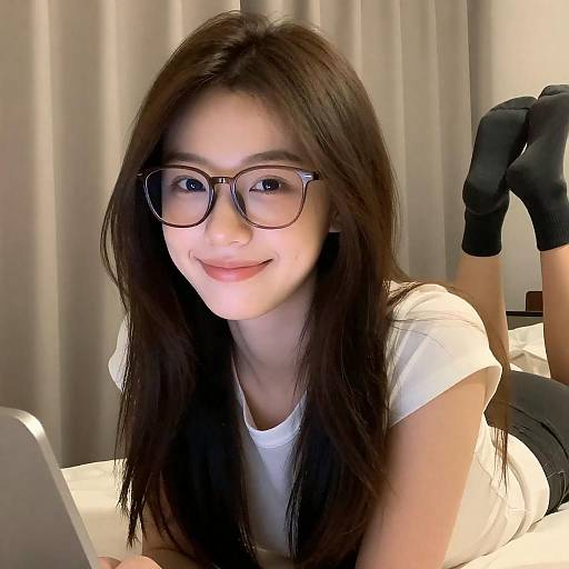 Woman with glasses lying on bed