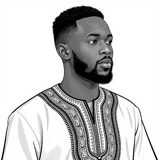 Black-and-white digital drawing of a bearded Black man with short curly hair, wearing an intricately embroidered traditional garment, looking to the right.