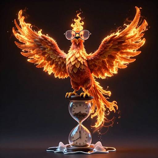 Digital artwork of a fiery phoenix with glasses, perched on a burning hourglass, wings spread, against a dark background.
