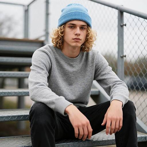 Casual Young Man on Metal Stairs