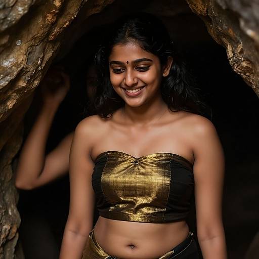 Photograph of a smiling Indian woman with dark hair, wearing a gold sequined strapless top, standing in a rocky cave entrance.