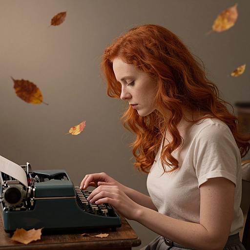 Woman Typing Amid Autumn Leaves