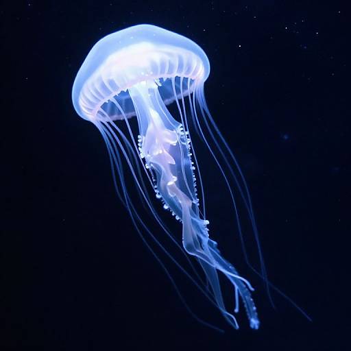 Photograph of a glowing, translucent blue jellyfish with long, flowing tentacles against a dark, starry night background.