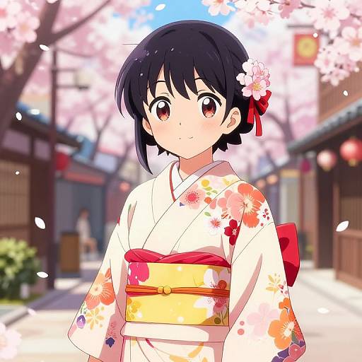 Cute Anime Girl in Floral Kimono