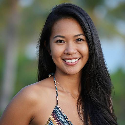 Photograph of a smiling young Asian woman with long black hair, wearing a colorful halter top, against a blurred green and blue outdoor background.