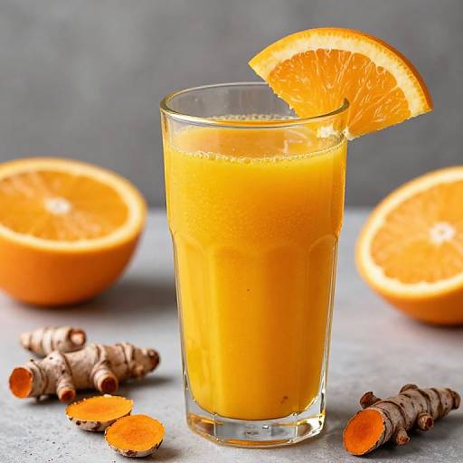 Photograph of a glass of vibrant orange juice with a slice of orange on the rim, surrounded by whole and halved oranges, ginger pieces, and