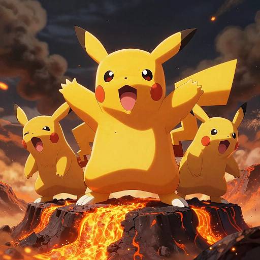 Digital art of three excited Pikachu standing on a fiery volcanic rock at sunset, arms raised, against a dark, cloudy sky.