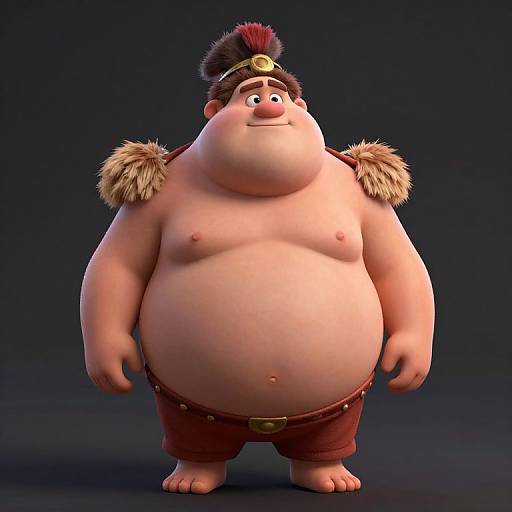 CGI cartoon of a chubby, pale-skinned man with a red feathered hat, fur shoulder straps, and brown pants, standing against a dark