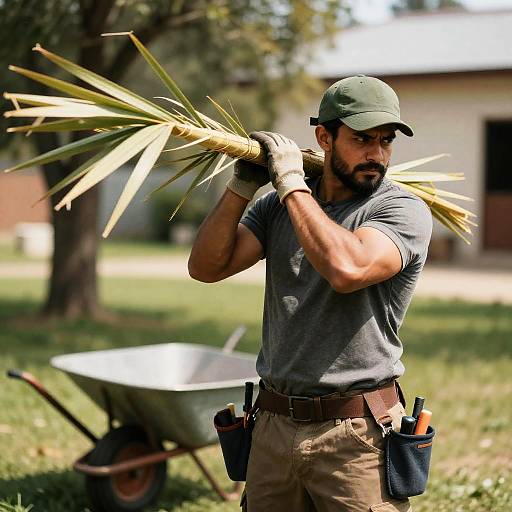 Muscular Man with Palm Leaves in Yard