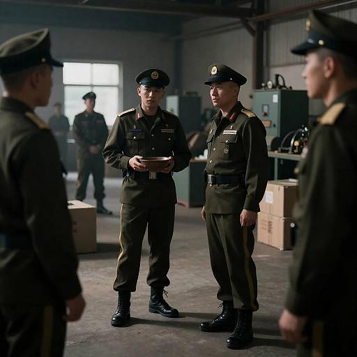 Military Officers in Dim Warehouse Scene