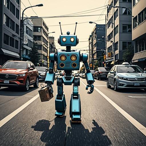 Retro Robot Walking on Busy Street